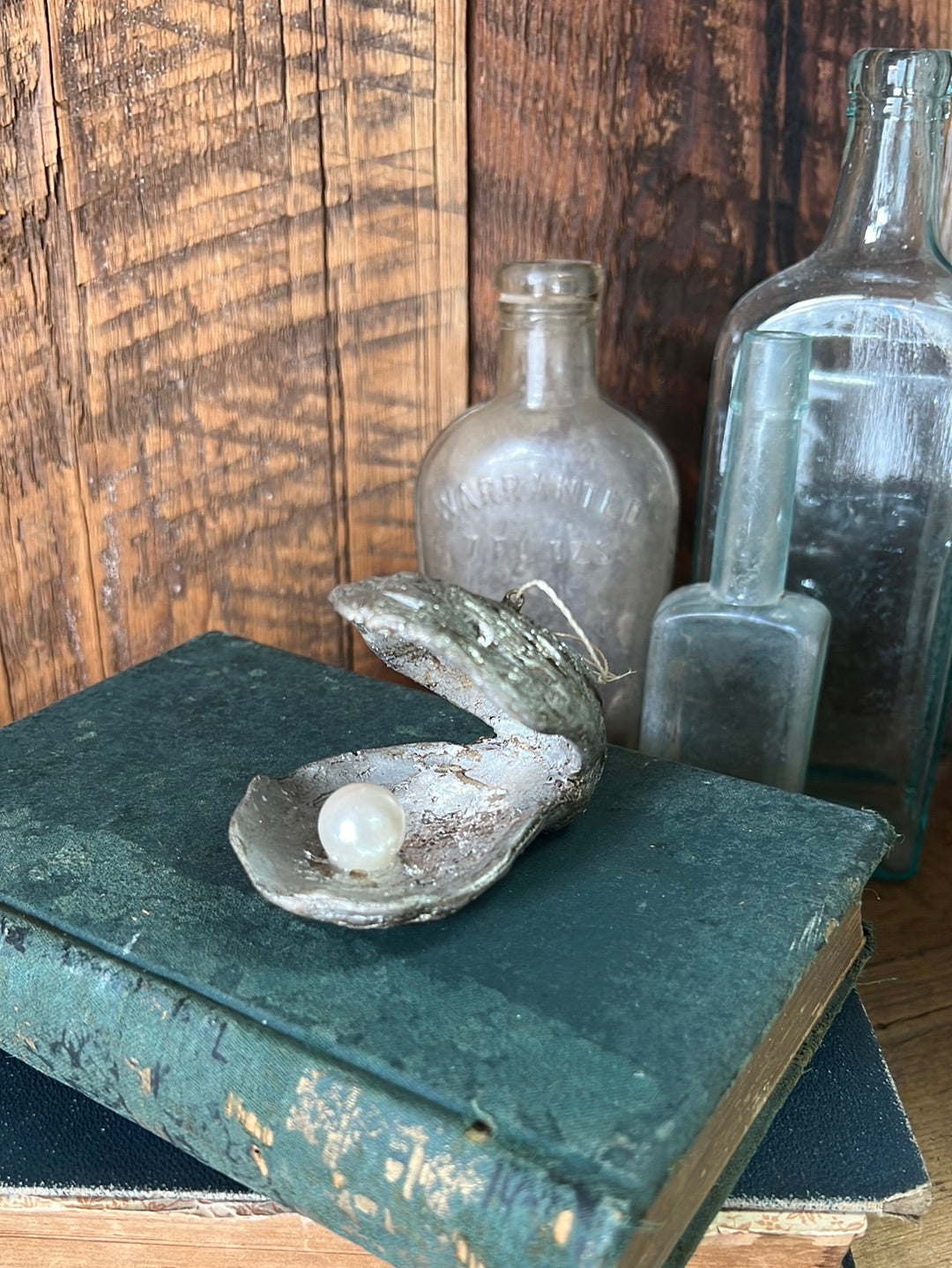 Silver Oyster Shell with Pearl Paper Mache Ornament