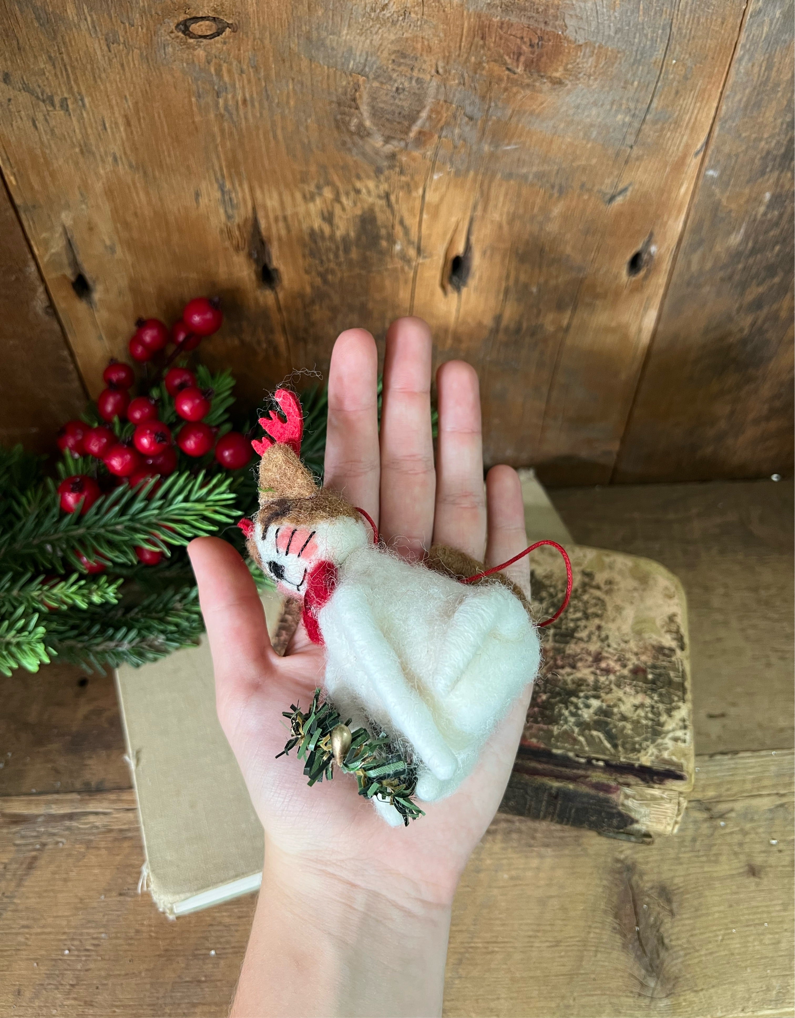 Felt White Cat with Red Antlers, Bowtie and Green Wreath