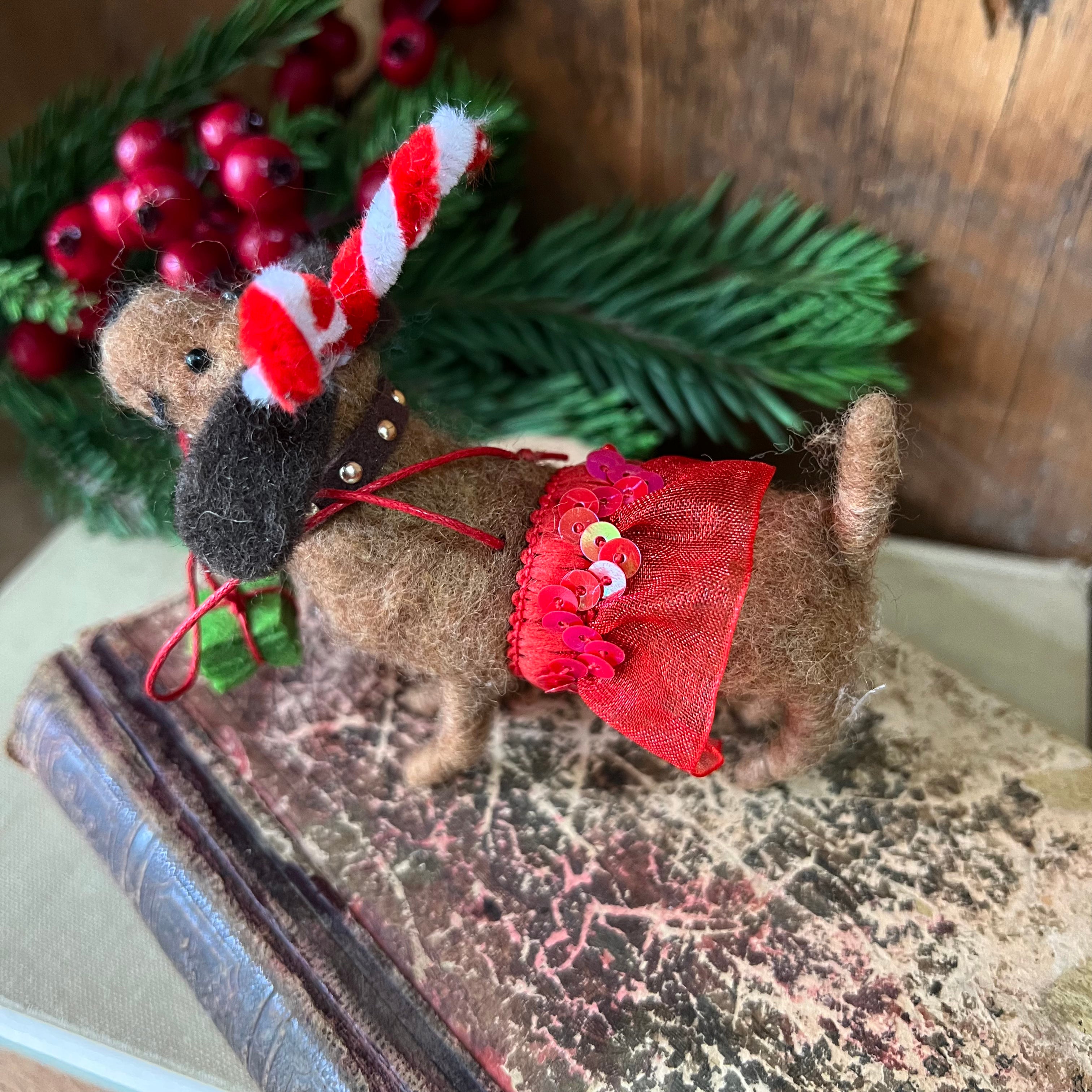 Felt Brown Dachshund with Tutu and Presents Ornament