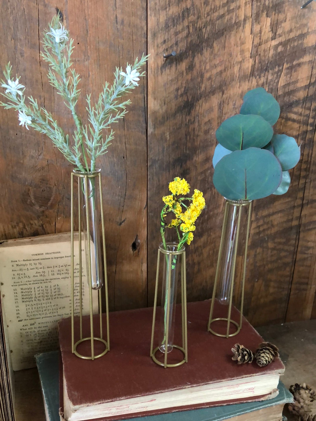 Set of Three Small Glass Test Tube Vases with Metal Gold Stands