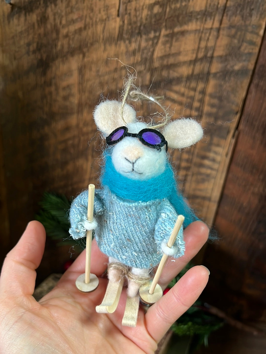 Felt Skier Mouse with Goggles, Blue Scarf and Sweater Ornament
