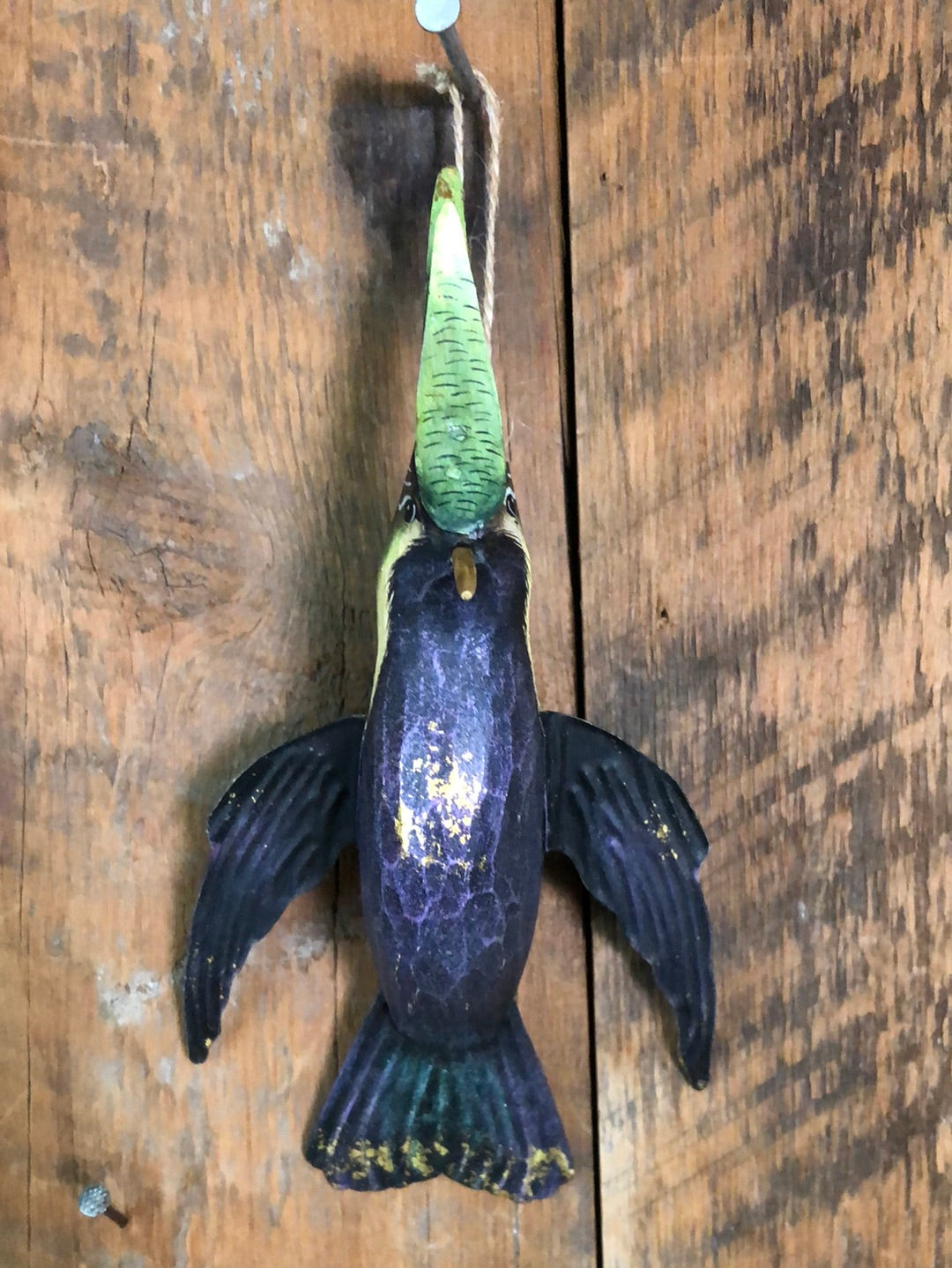 Hand Carved Wood Hummingbird Ornament Purple Green