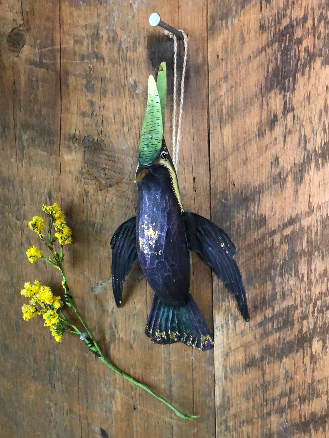 Hand Carved Wood Hummingbird Ornament Purple Green