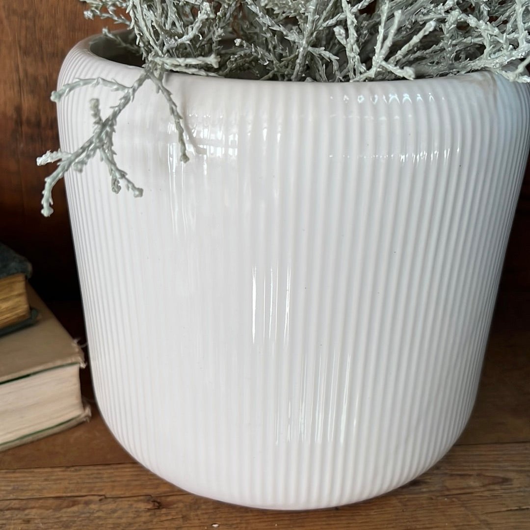 Ribbed Linear White Ceramic Planter