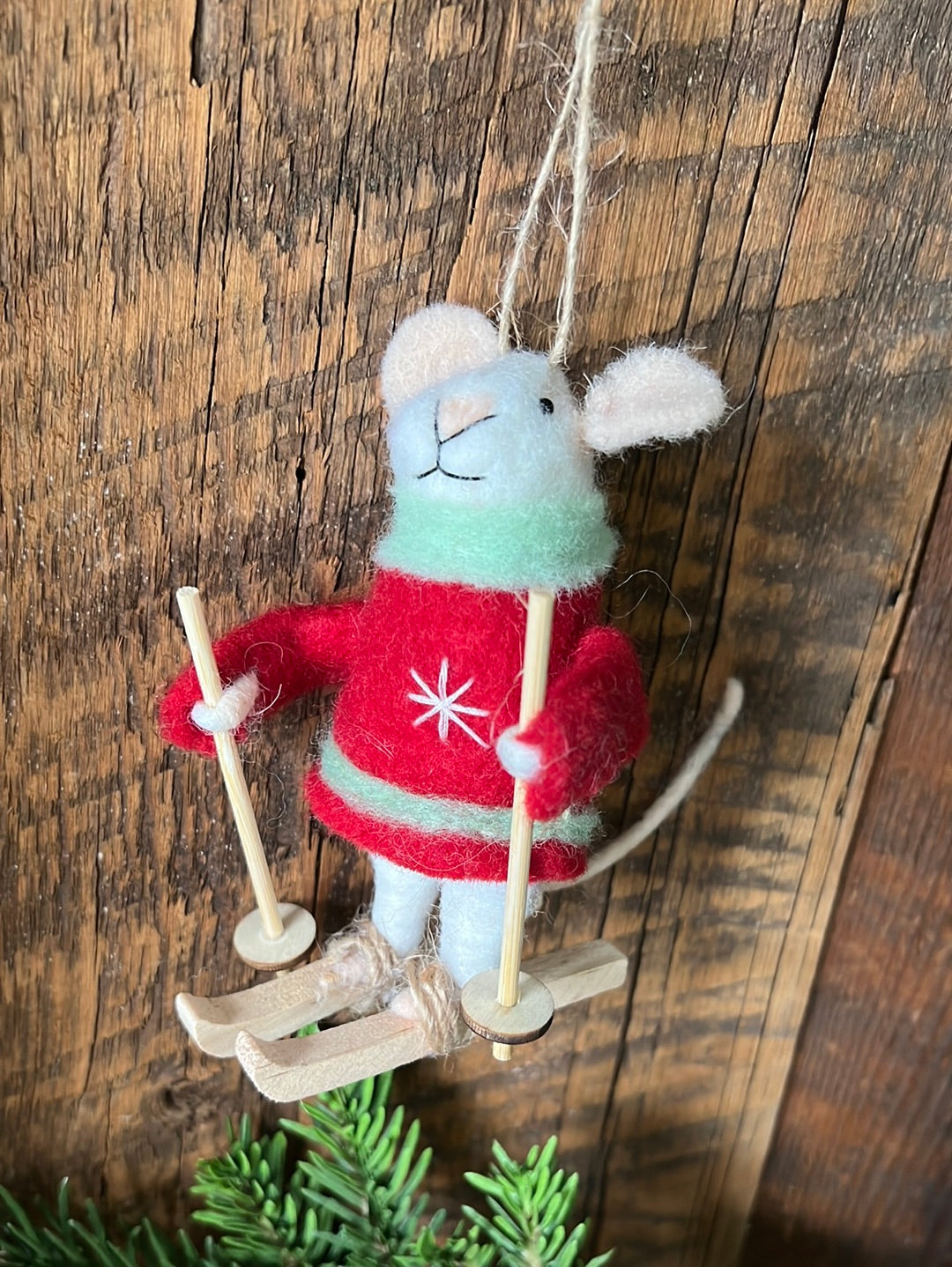 Felt Mouse Skier with Red Sweater and Green Scarf Ornament