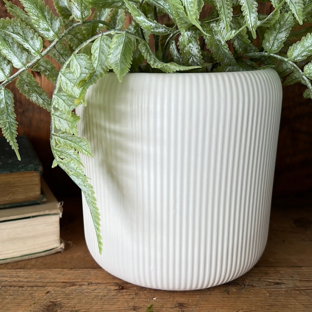 Ribbed Linear Matte White Ceramic Planter