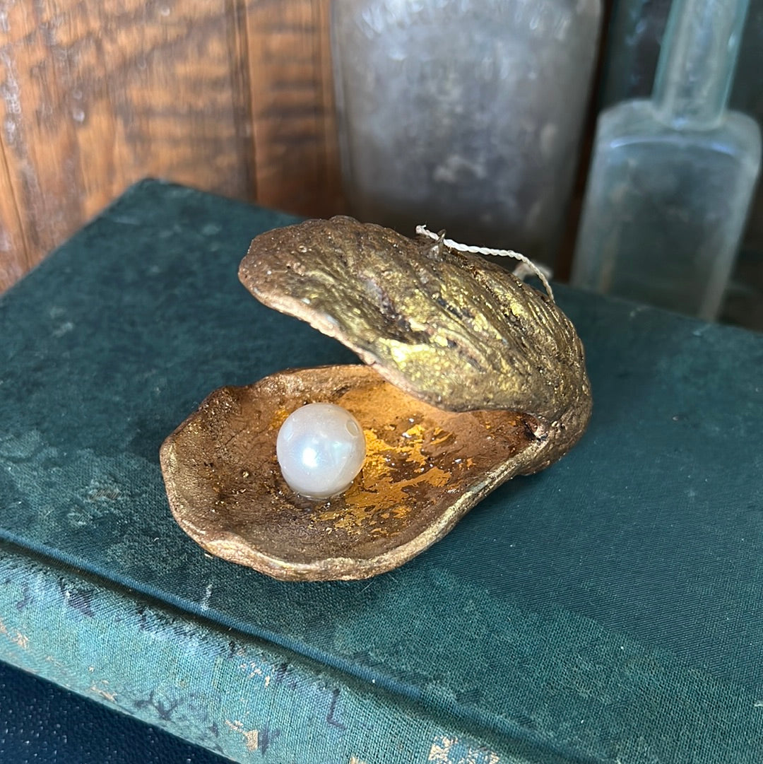 Gold Oyster Shell with Pearl Paper Mache Ornament