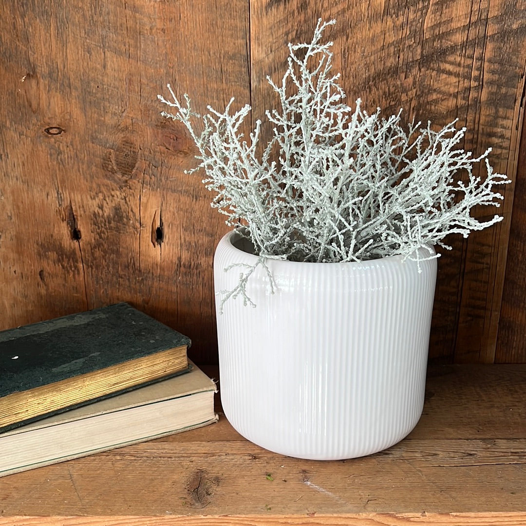 Ribbed Linear White Ceramic Planter