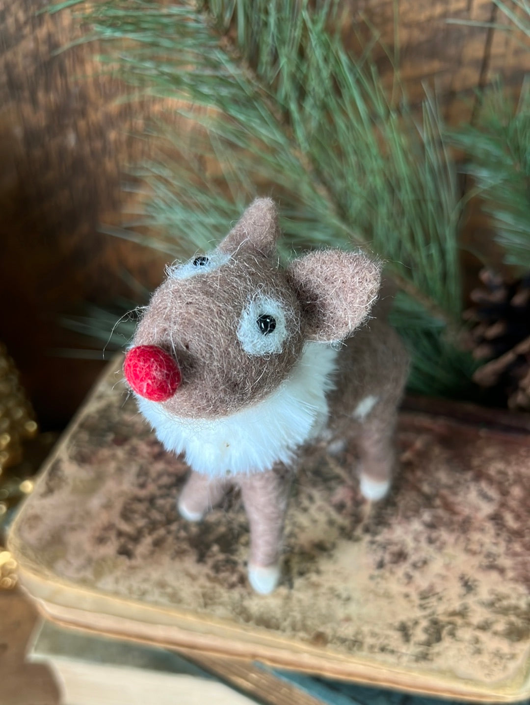 Felt Reindeer with Red Nose and Spots Ornament