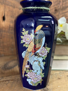 Vintage Oriental Indigo Blue Vase with Birds and Flowers