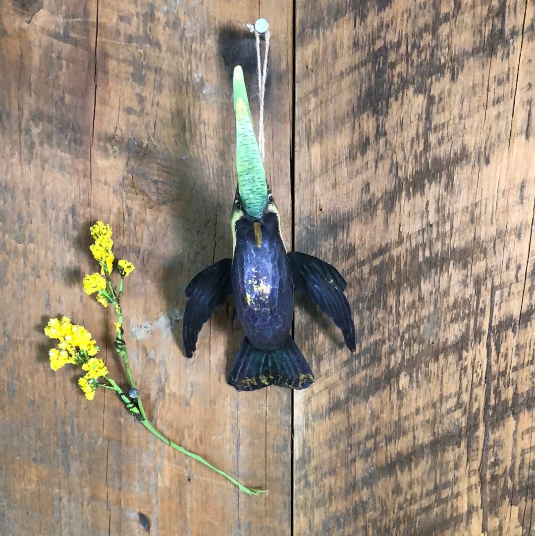Hand Carved Wood Hummingbird Ornament Purple Green