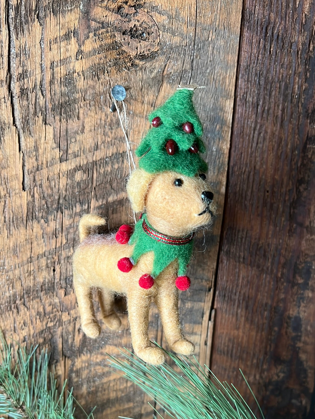 Felt Golden Dog in Green Holiday Tree Costume Ornament