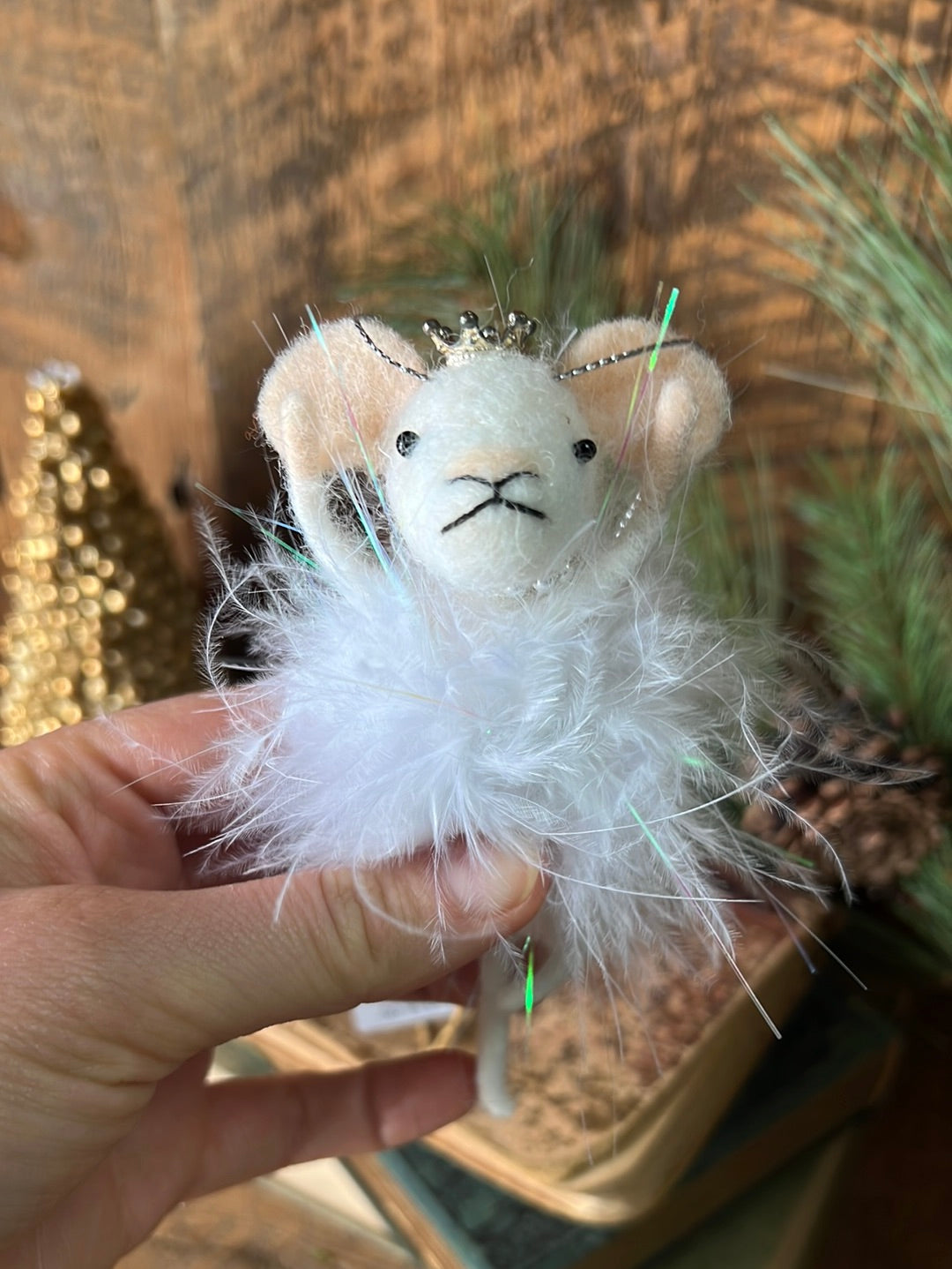 Felt Sugarplum Fairy Mouse with White Feathers, Silver Pearls and Crown Ornament