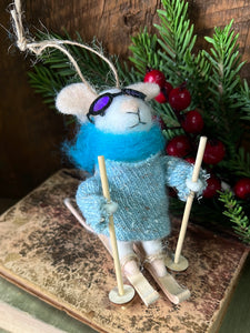 Felt Skier Mouse with Goggles, Blue Scarf and Sweater Ornament