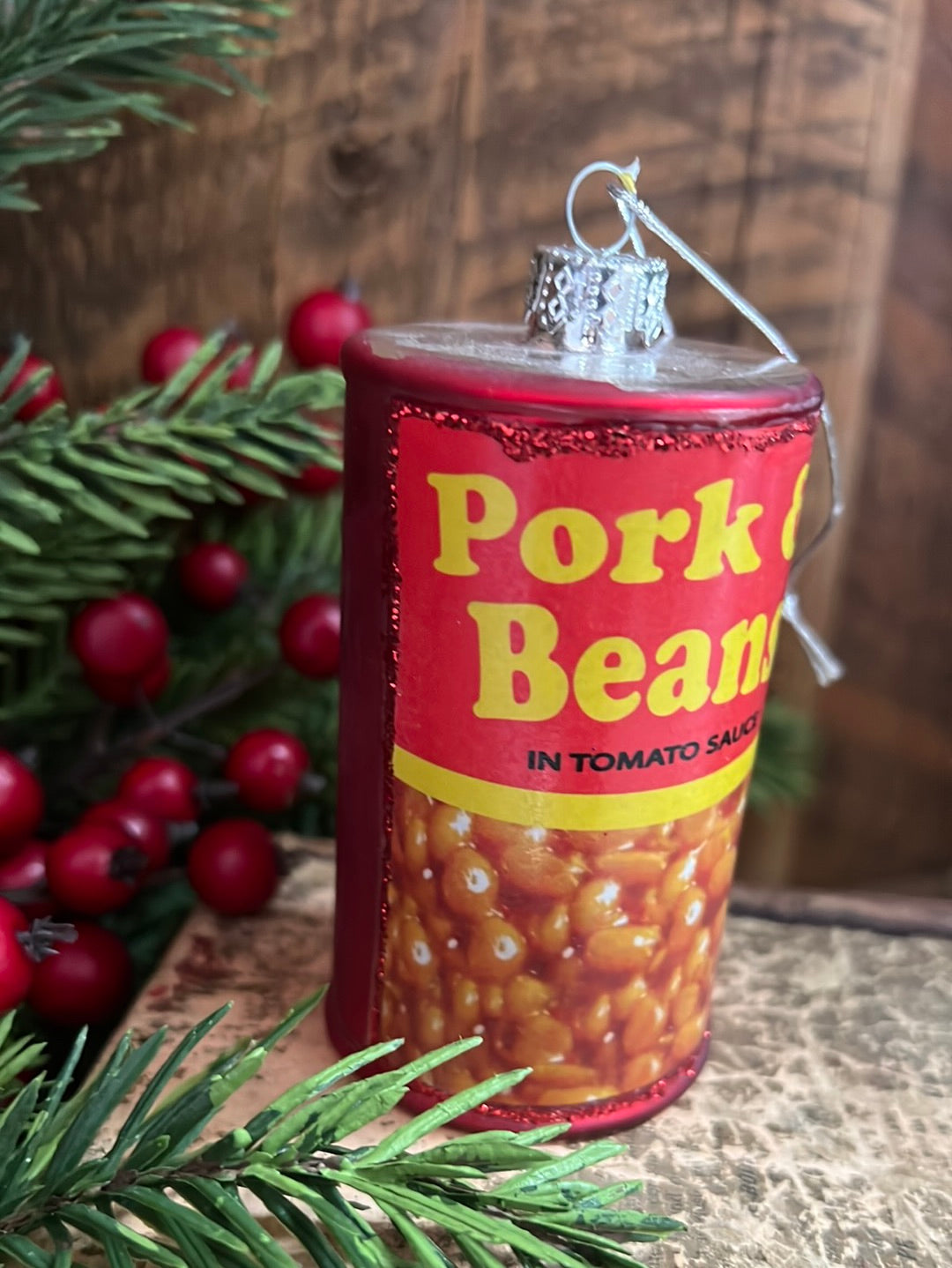 Can of Pork and Beans Glass and Glitter Ornament