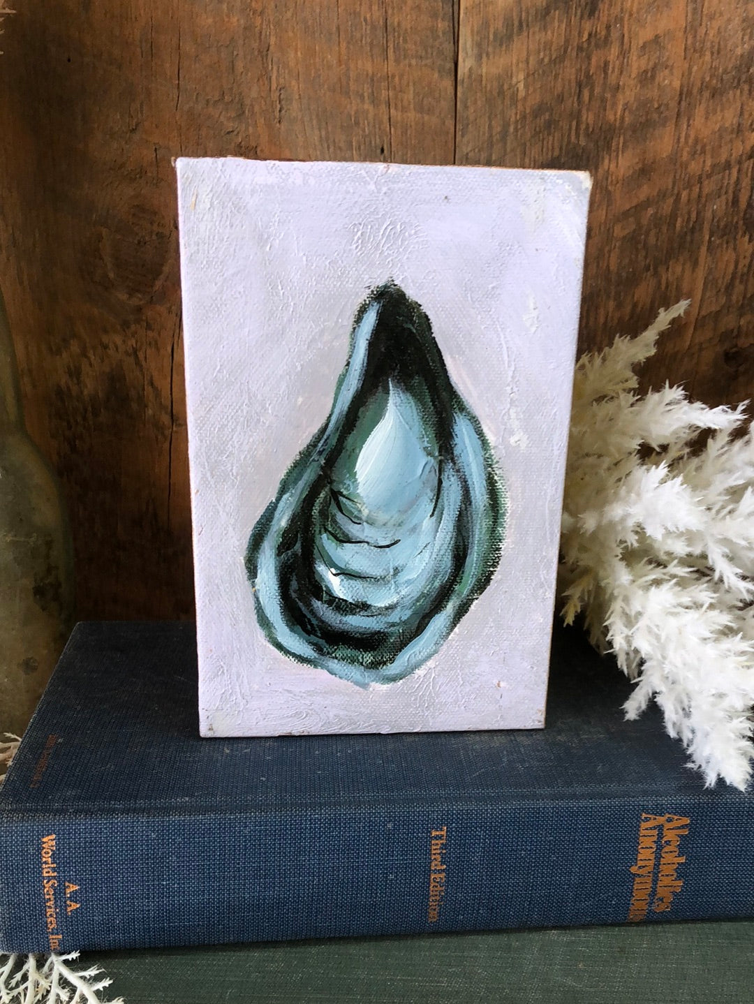 Handpainted Black  and Blue Oyster Shell Canvas Block