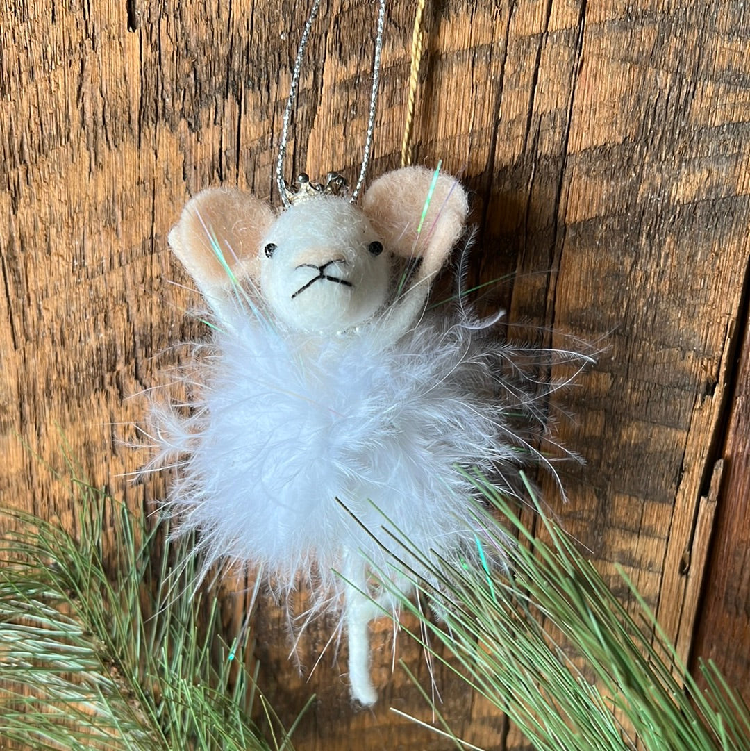 Felt Sugarplum Fairy Mouse with White Feathers, Silver Pearls and Crown Ornament