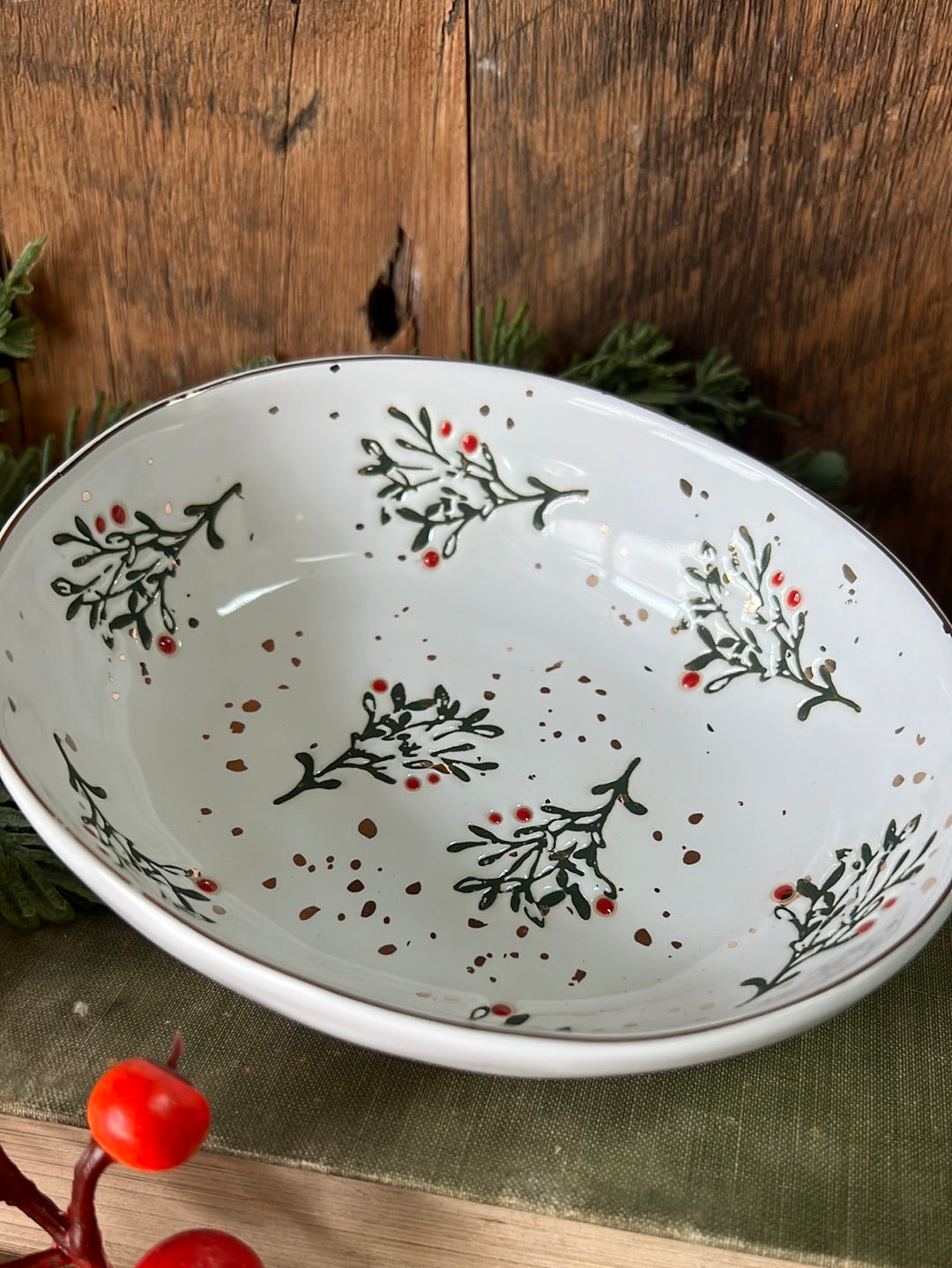 Stoneware Dish with Holly Sprigs