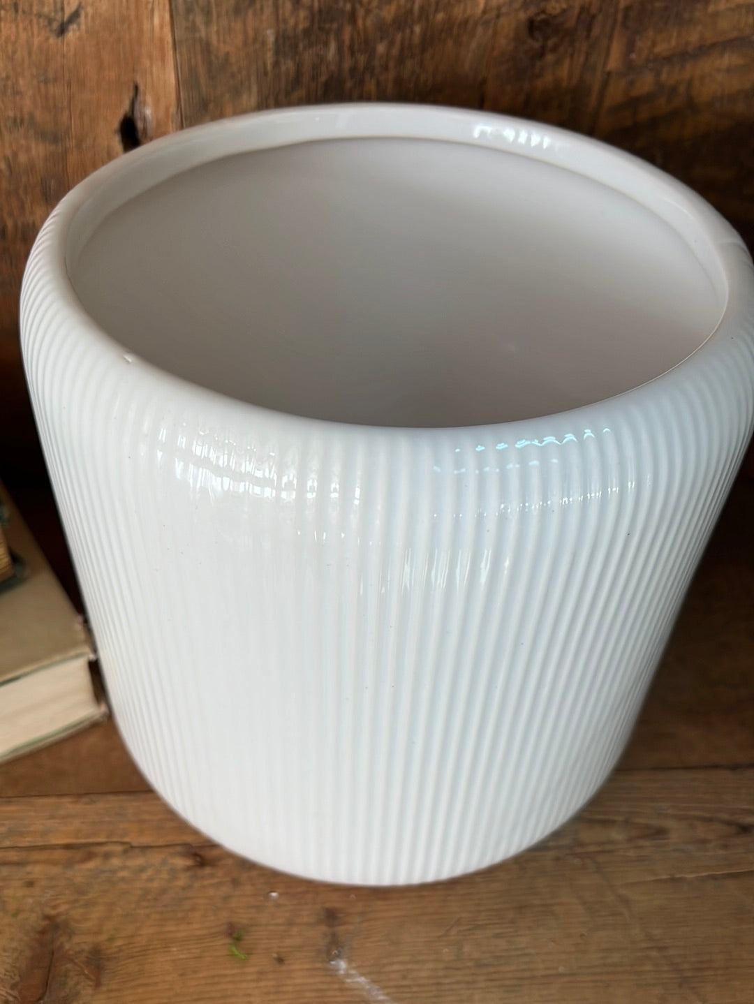 Ribbed Linear White Ceramic Planter