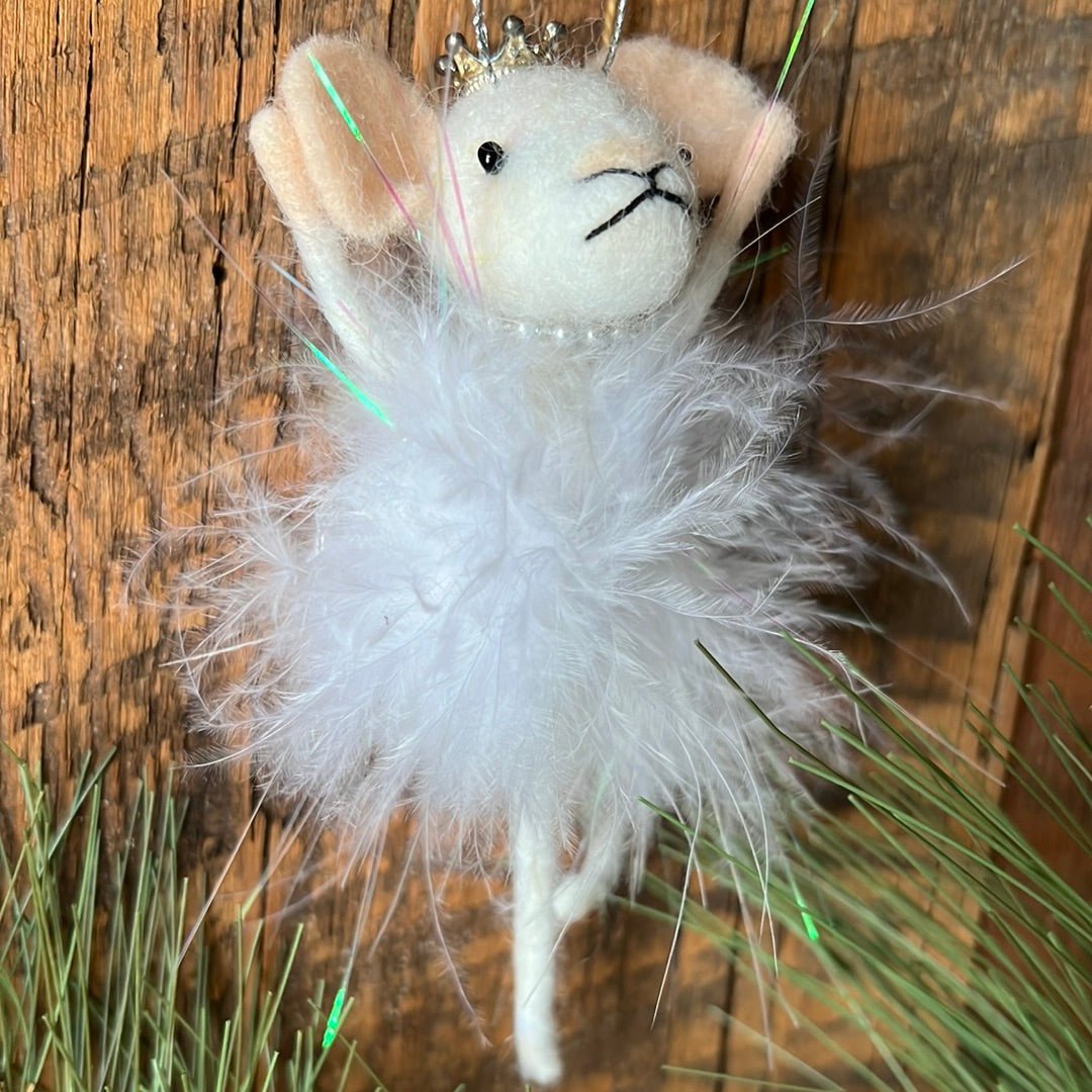 Felt Sugarplum Fairy Mouse with White Feathers, Silver Pearls and Crown Ornament