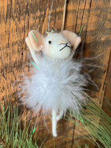 Felt Sugarplum Fairy Mouse with White Feathers, Silver Pearls and Crown Ornament