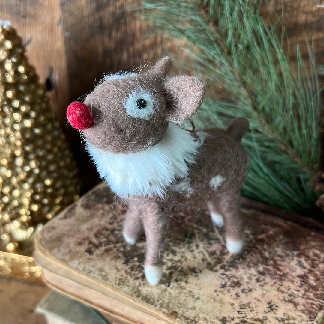 Felt Reindeer with Red Nose and Spots Ornament