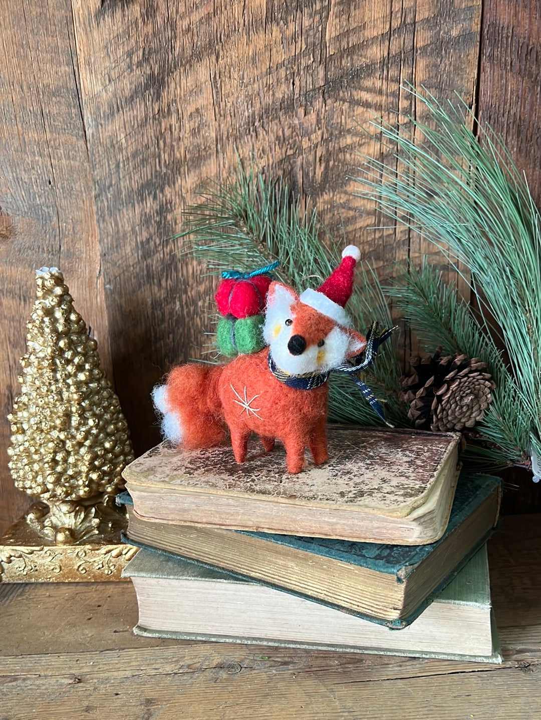 Felt Red Fox with Presents & Plaid Scarf Ornament