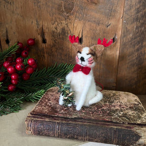 Felt White Cat with Red Antlers, Bowtie and Green Wreath