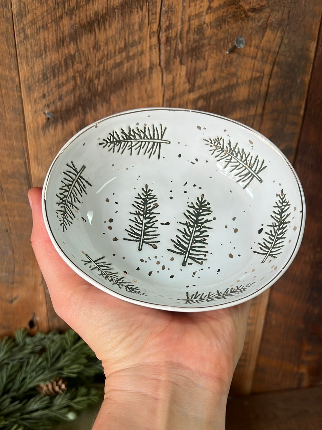 Stoneware Dish with Pine Trees
