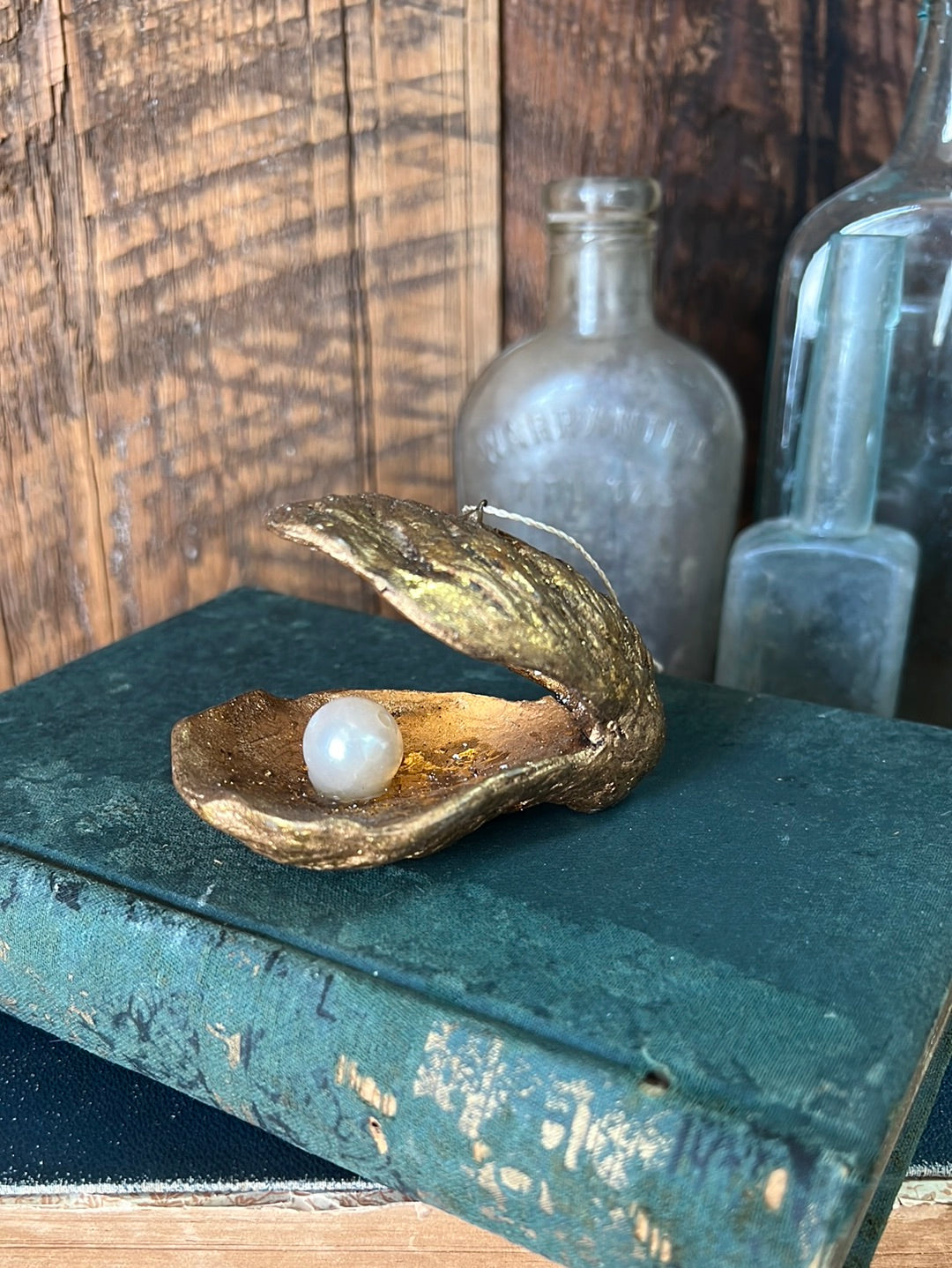 Gold Oyster Shell with Pearl Paper Mache Ornament