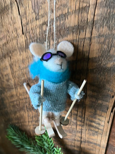Felt Skier Mouse with Goggles, Blue Scarf and Sweater Ornament