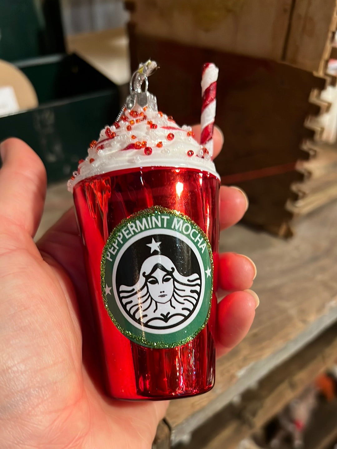 Peppermint Mocha Red Cup Shiny Glass Ornament