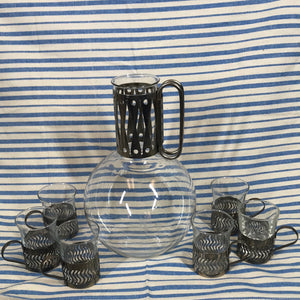 Vintage MCM Corning Pyrex glass carafe with six demitasse cups