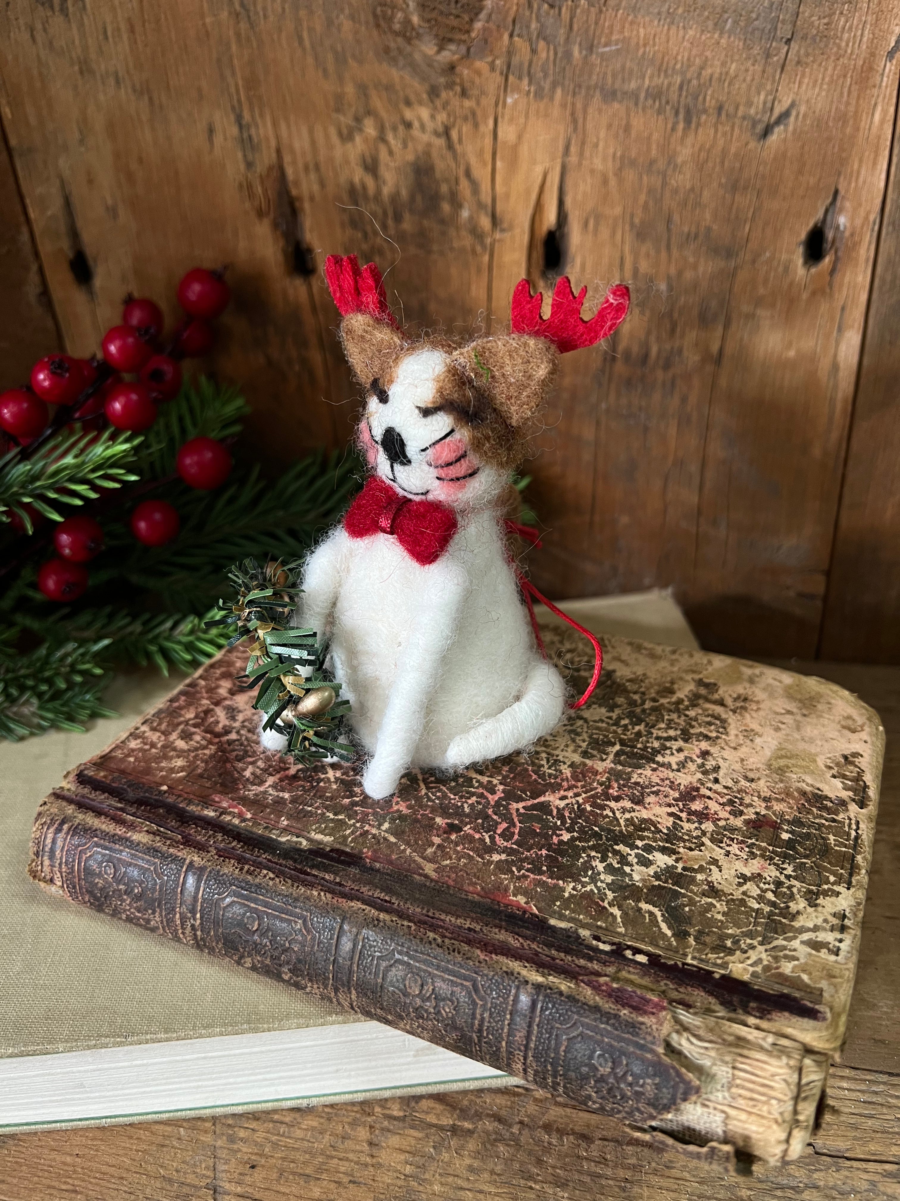 Felt White Cat with Red Antlers, Bowtie and Green Wreath