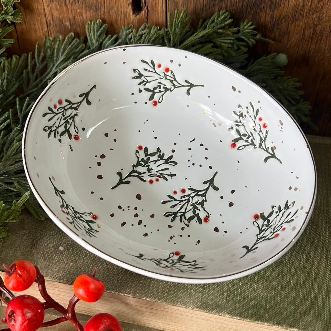 Stoneware Dish with Holly Sprigs