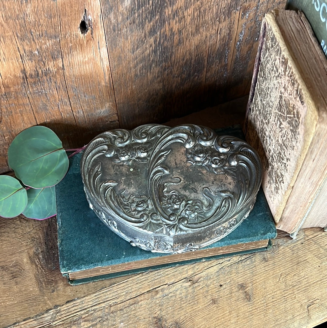 Vintage Metal Heart & Rose Trinket Box