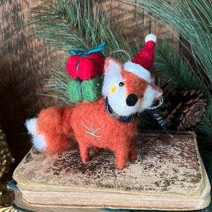 Felt Red Fox with Presents & Plaid Scarf Ornament