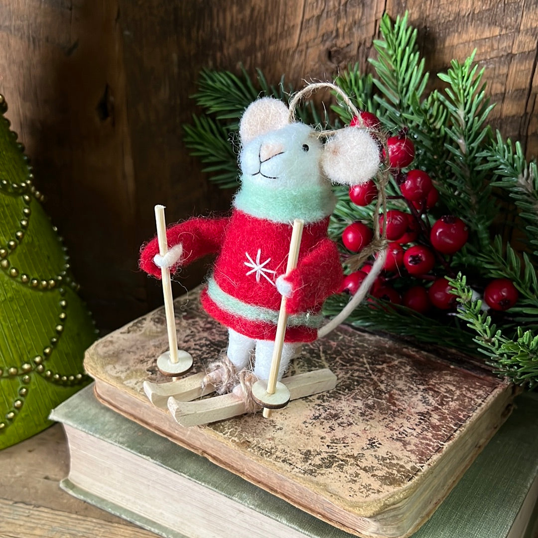 Felt Mouse Skier with Red Sweater and Green Scarf Ornament