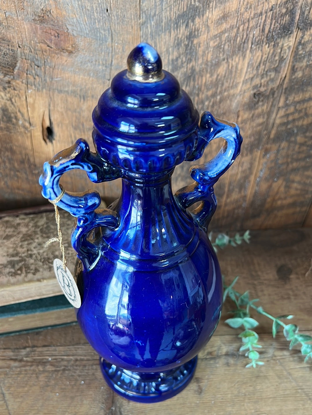 Antique Painted Glazed Blue and Gold Lidded Urn